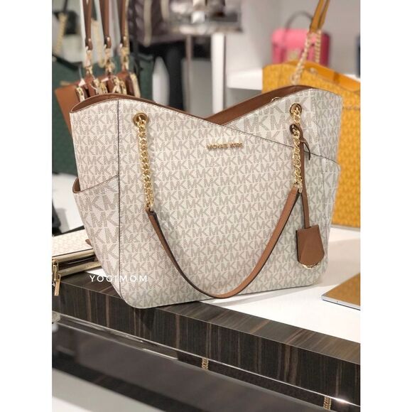 BUNDLE MICHAEL KORS Jet Set Travel Large Chain Shoulder Tote Cell wallet Vanilla - Picture 4 of 12